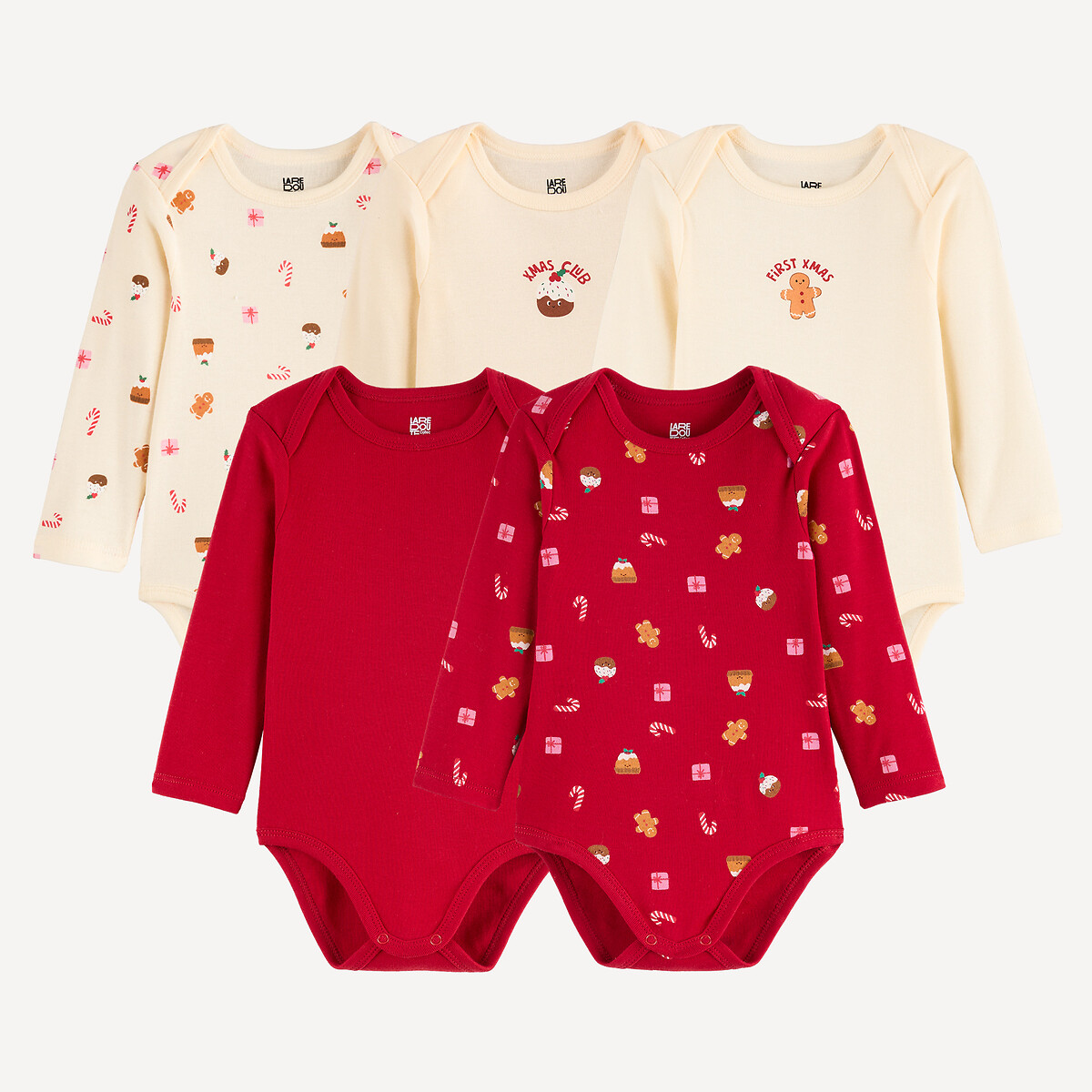 Set di 5 body per neonati, maniche lunghe, giromanica all’americana, tema natalizio grigio/beige, LA REDOUTE COLLECTIONS