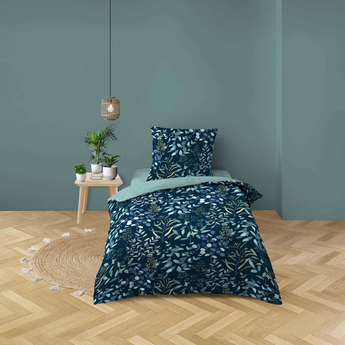 Parure de lit 2 pièces 100 % coton imprimé à motif végétal housse + taie bleu, DOUCEUR D'INTÉRIEUR