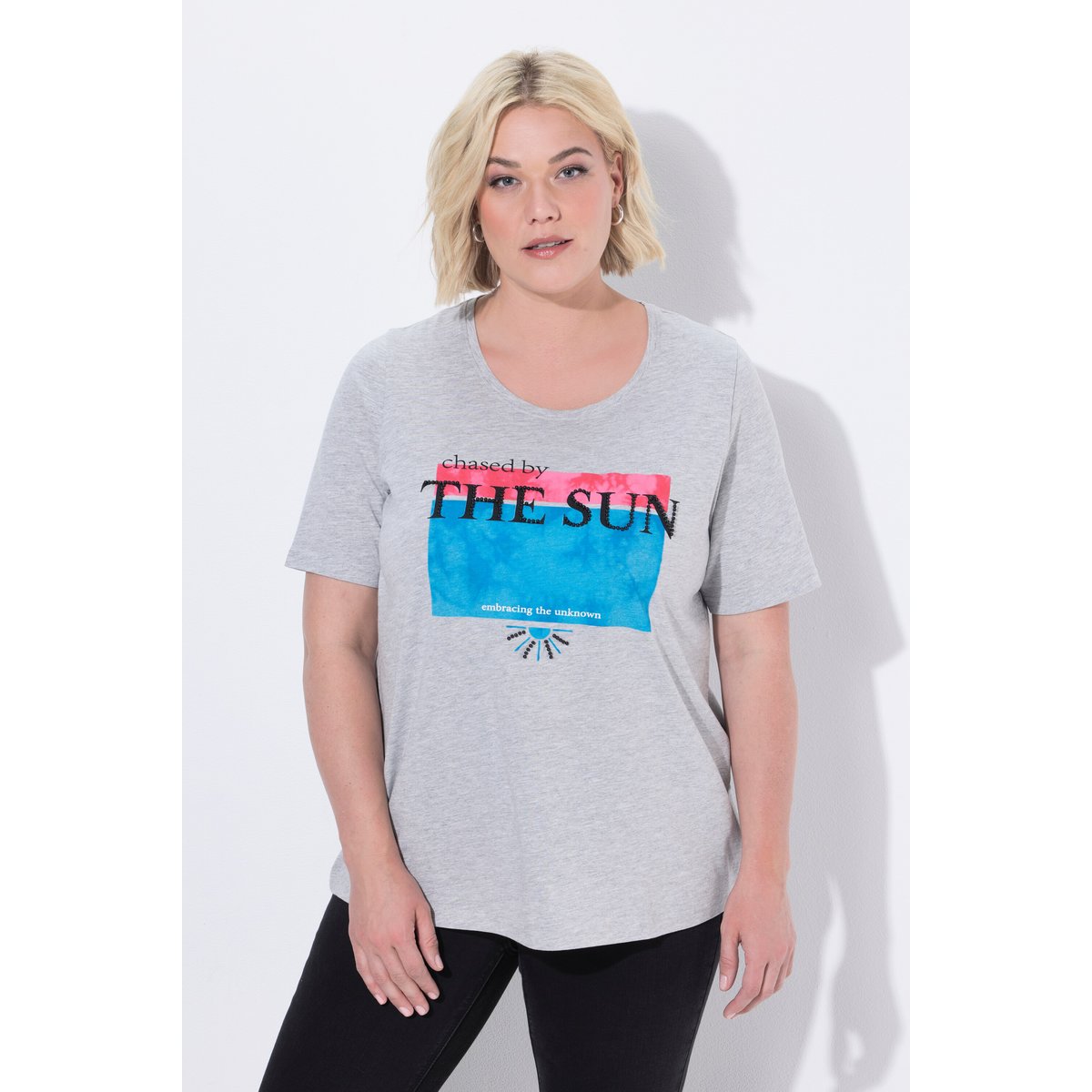 T-shirt col rond et manches courtes gris clair chiné, ULLA POPKEN