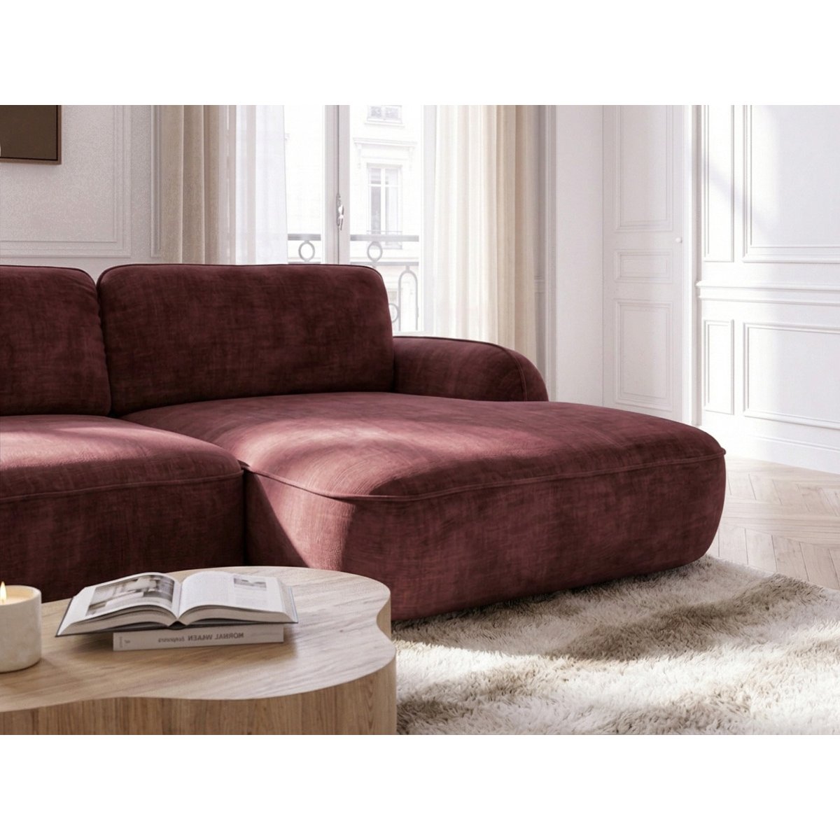 Canapé d'angle convertible 3 places en tissu lisse, CELESTE rouge, BOBOCHIC