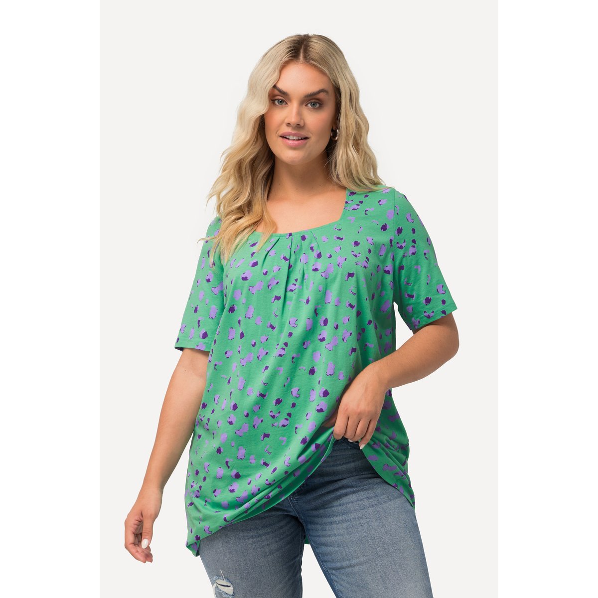 T-shirt long, motifs à pois, encolure carrée vert printanier, ULLA POPKEN