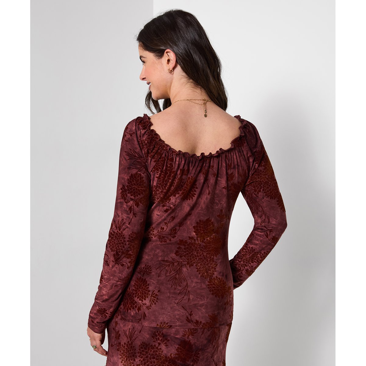 Blouse en Jersey à Col Froncé Imprimé Floqué rouge, JOE BROWNS