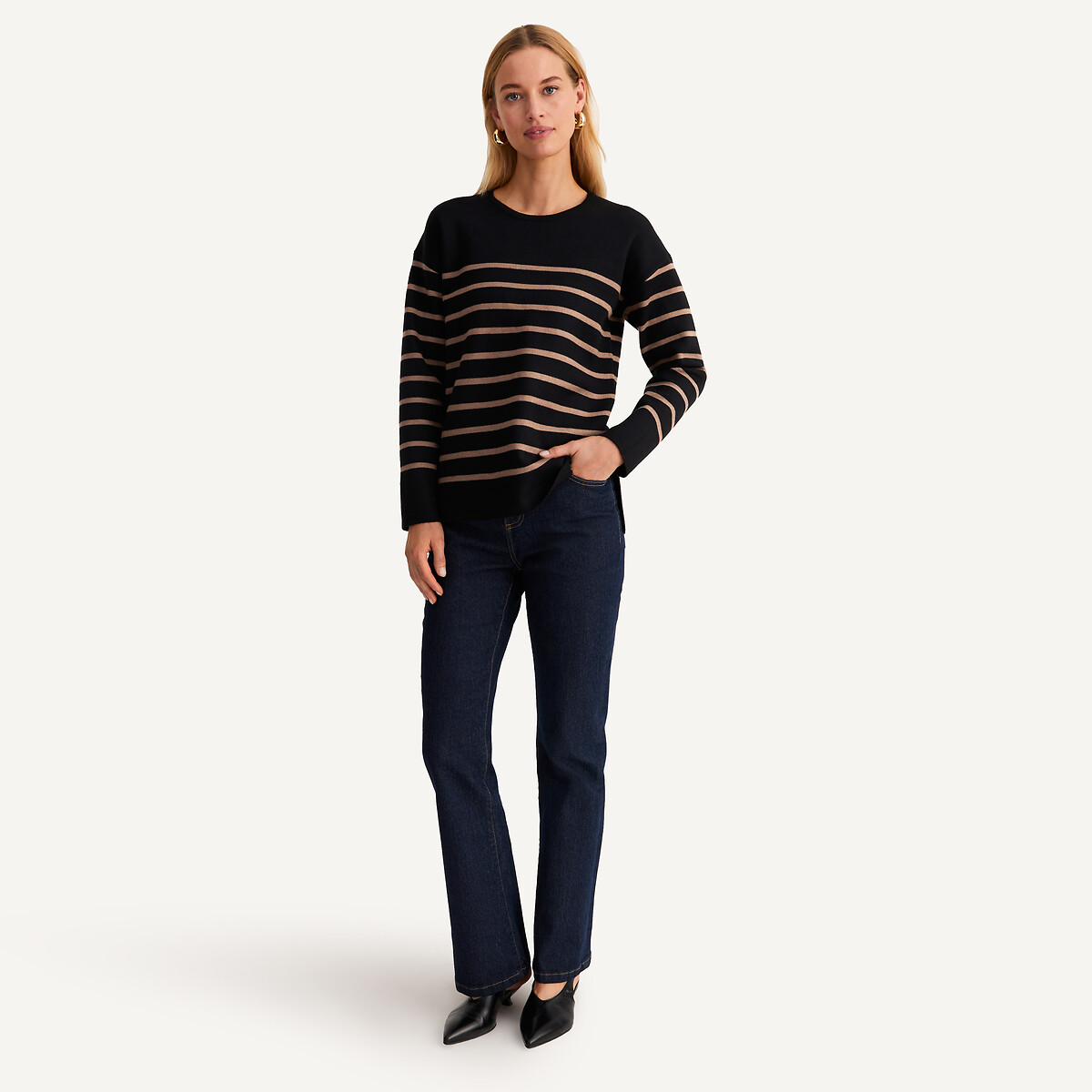 Striped Crew Neck Jumper in Fine Knit beige/black striped, ANNE WEYBURN