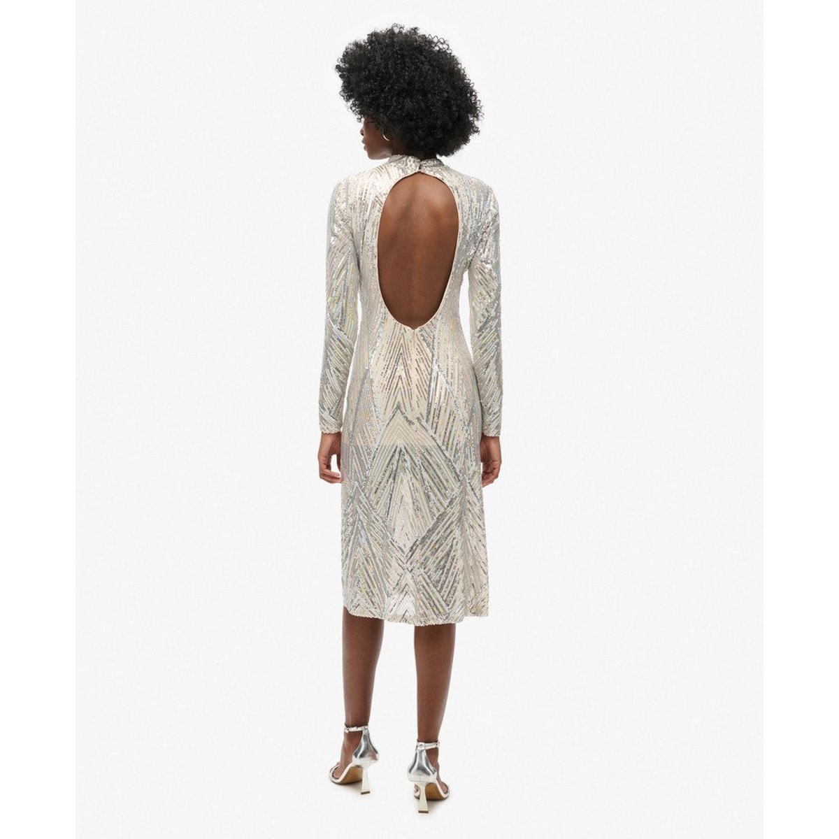 Robe mi-longue à manches longues et dos ouvert sequins argentés, SUPERDRY