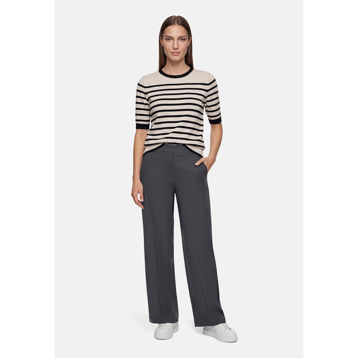 Pull-over en fine maille manches courtes patch beige/black, BETTY BARCLAY