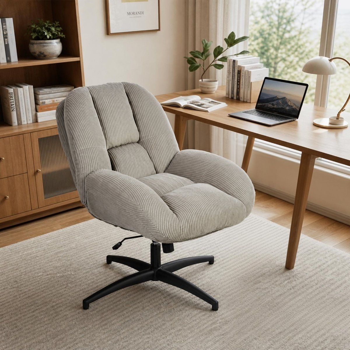 Chaise de bureau pivotante avec dossier inclinable en velours côtelé, LITHOPSFIX CORDO gris, MEUBLES COSY