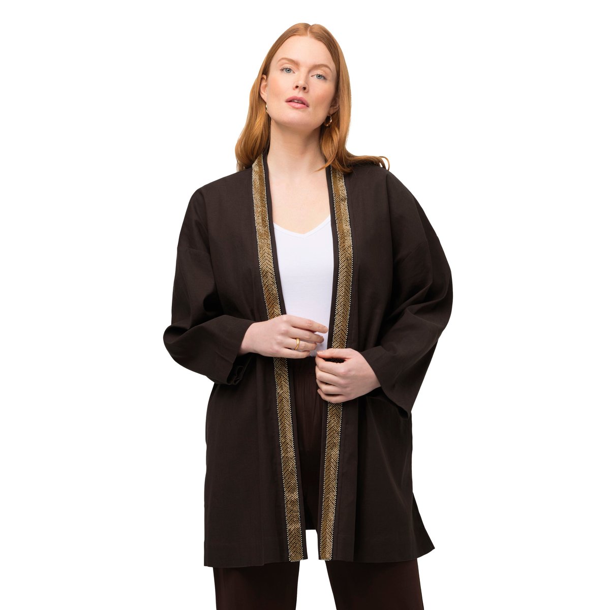 Veste kimono. Col châle. Lin mélangé. Galon marron pin, ULLA POPKEN