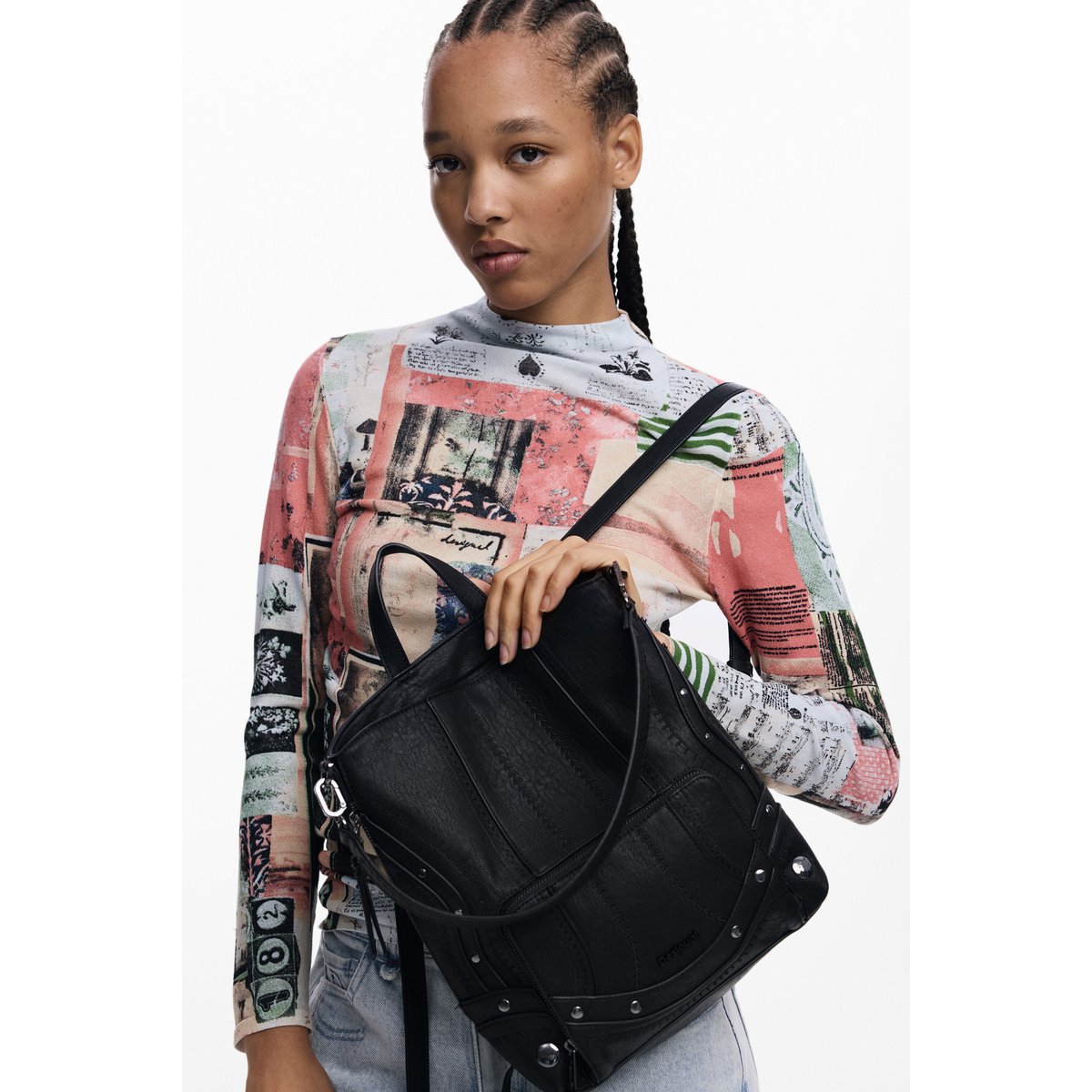 Petit sac à dos effet cuir patchwork noir, DESIGUAL