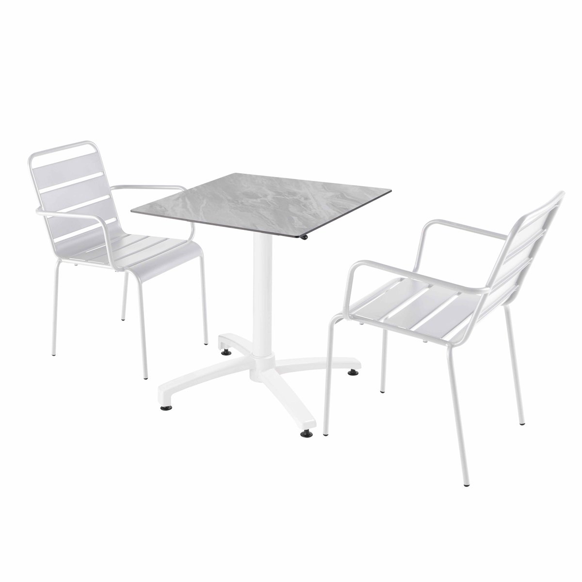 Table en HPL inclinable pied blanc et 2 chaises en métal, OPERA marbre, OVIALA