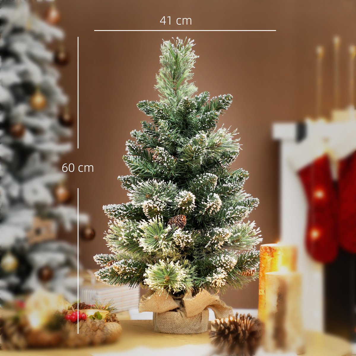 Sapin de Noël artificiel LED de table bureau H.60cm avec décorations toile de lin vert, HOMCOM