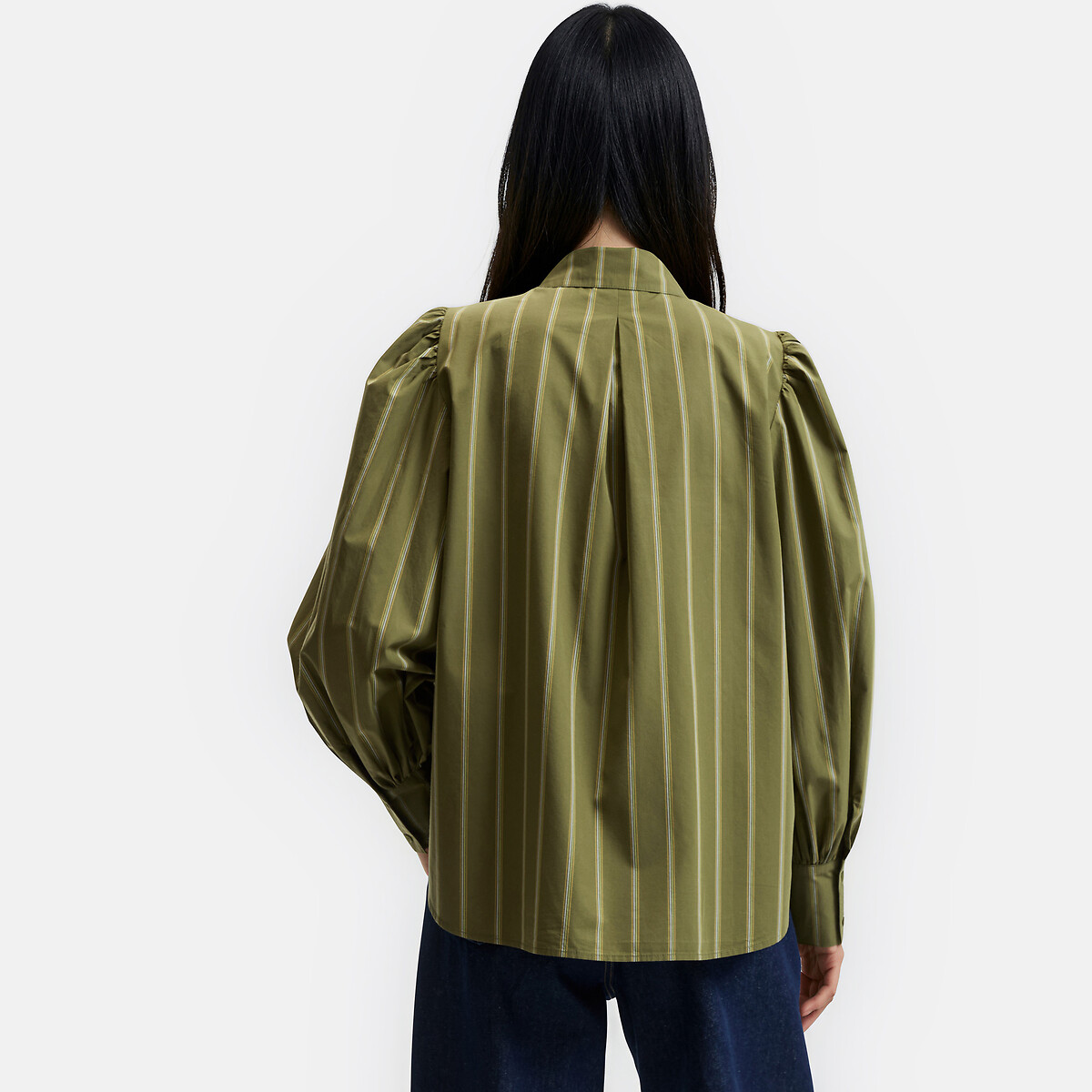 Chemise ample rayée à manches bouffantes en coton rayé vert/écru, LA REDOUTE COLLECTIONS