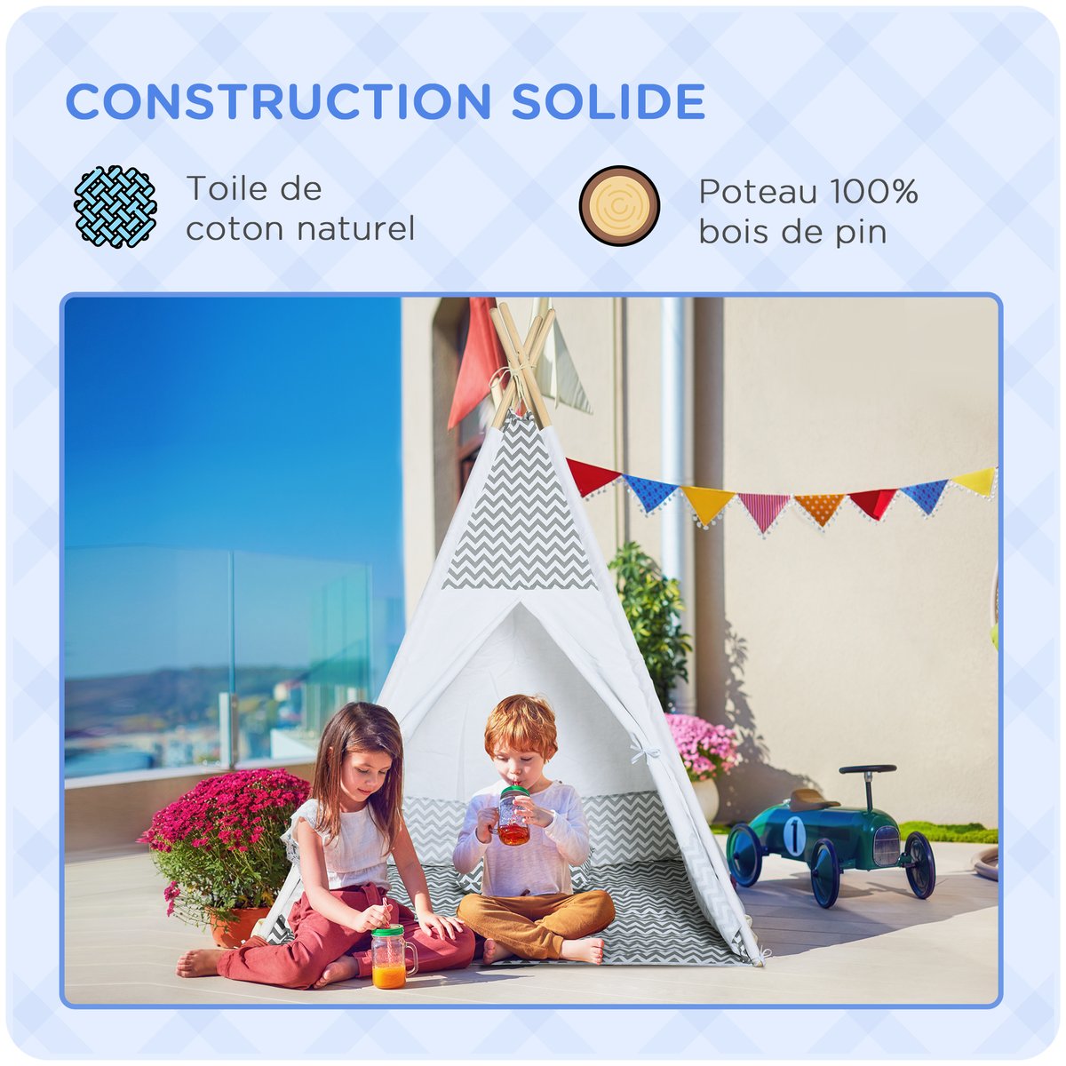Tente pour enfants Toile polyester coton gris, HOMCOM