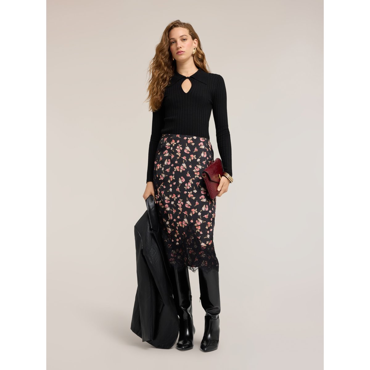 Jupe crayon avec imprimé floral et dentelle noir, MOTIVI