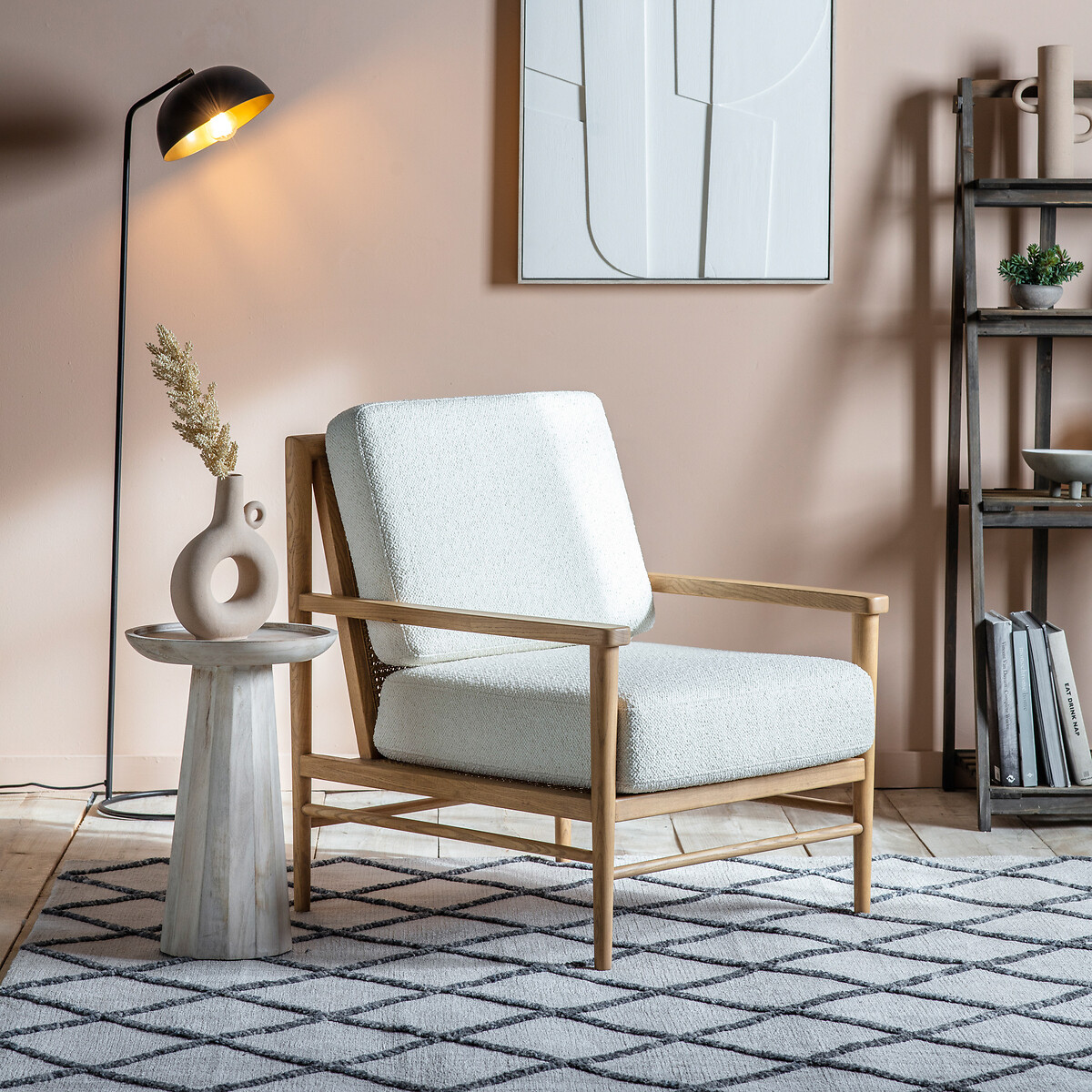 Yanam Boucle Armchair with Oak and Rattan Frame cream, SO'HOME