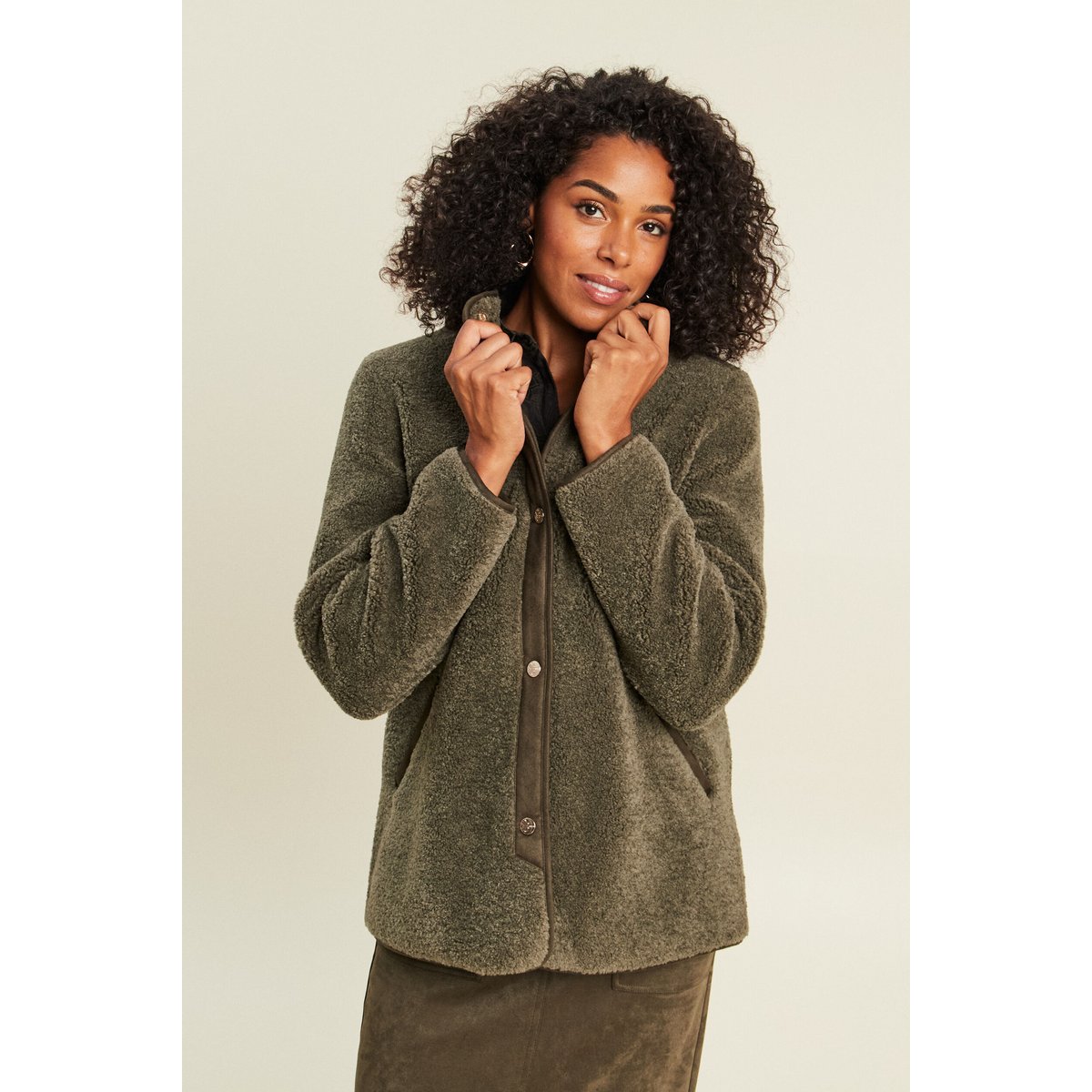 Manteau bouclette doublé manches longues vert kaki, BREAL