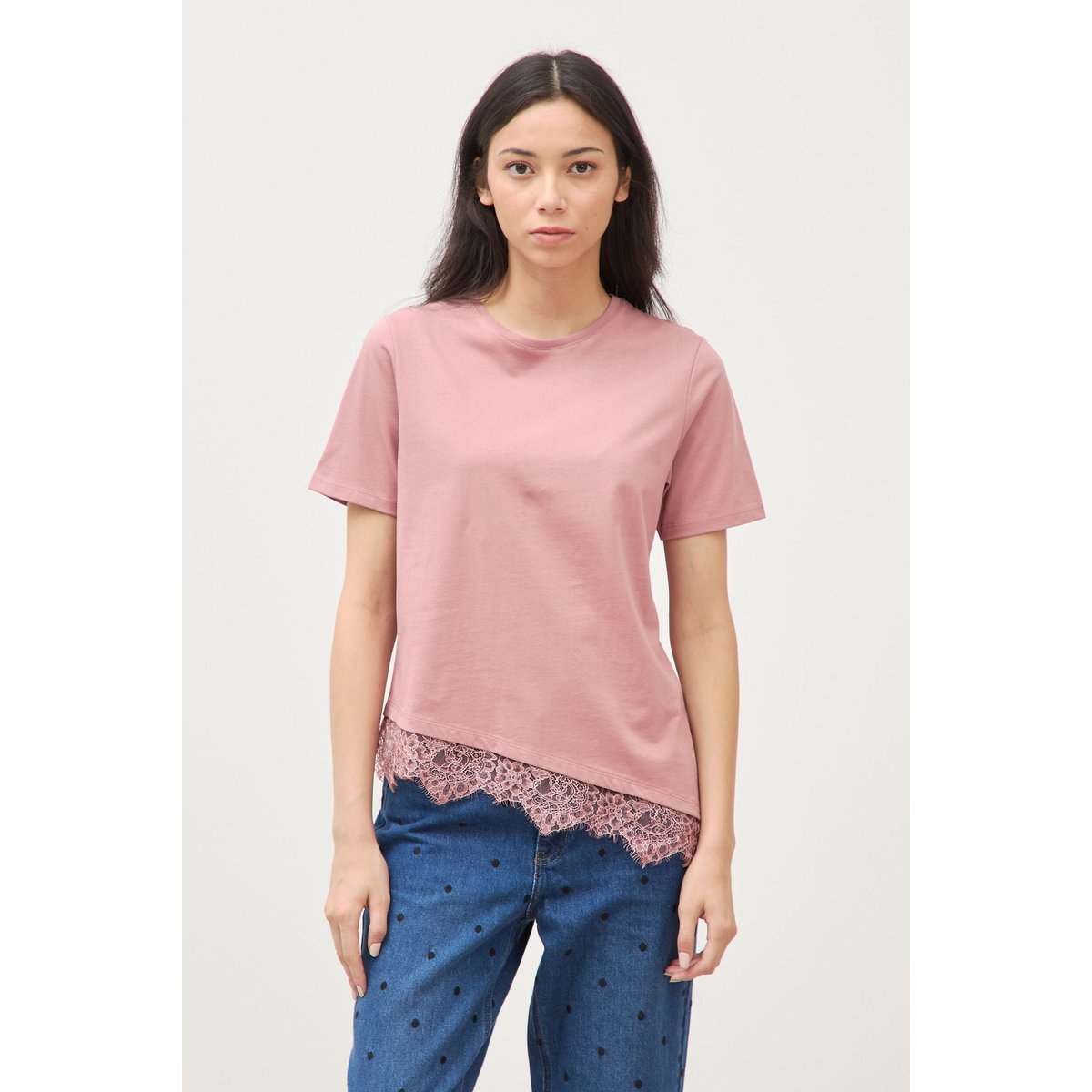 T-shirt droit col rond avec dentelle vieux rose, BONOBO