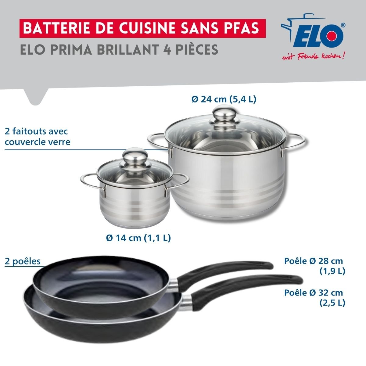 Batterie 2 poêles 28/32cm + 2 faitouts 14/24cm PRIMA BRILLANT noir, ELO