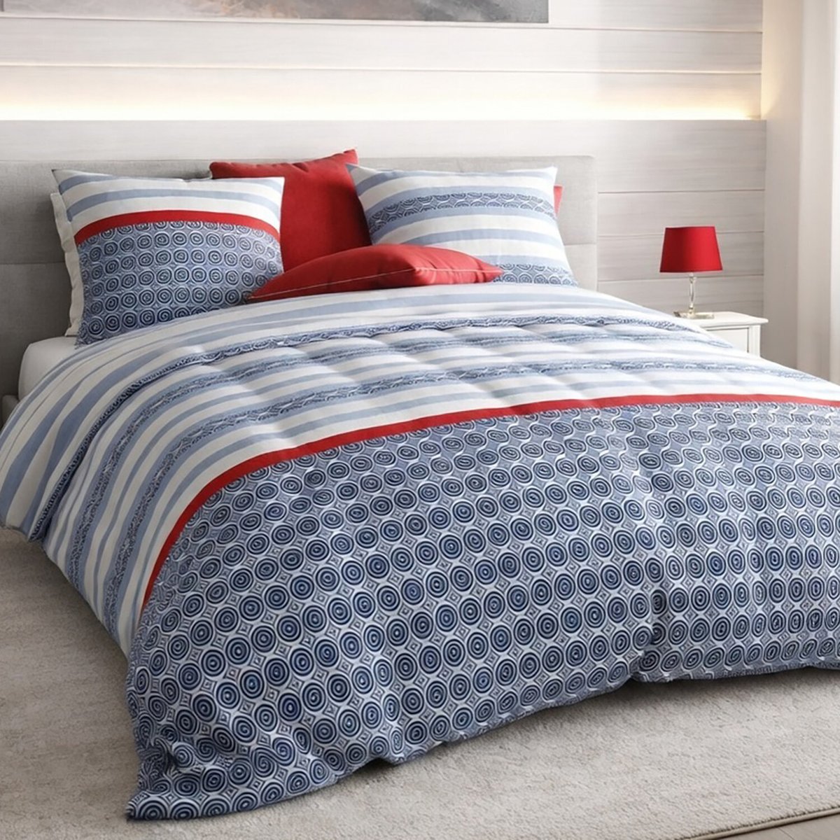 Parure housse de couette en coton imprimée, Santorini bleu, ATELIER DU COTON