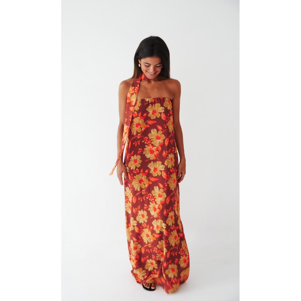 Robe longue bustier fleurie SARA marron / orange, MINDTRAVELER