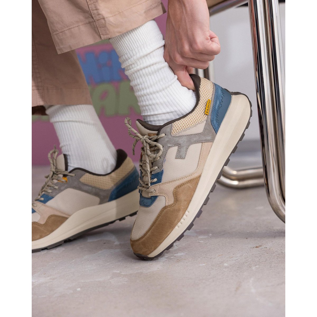 Running suede tissu LIMWOOD camel et bleu marine, FAGUO