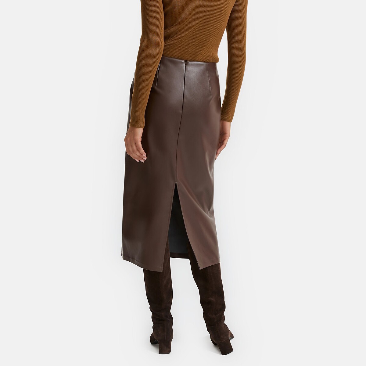 Gonna a tubino di lunghezza media in finta pelle marrone, LA REDOUTE COLLECTIONS