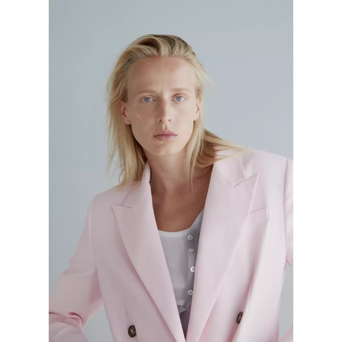 Blazer costume croisé mélange de coton rose pastel, MANGO