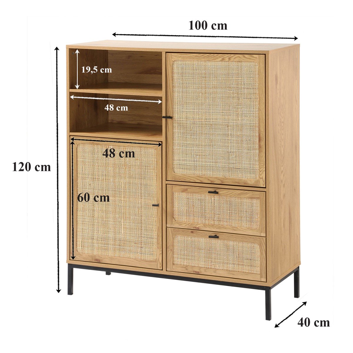 Buffet Haut avec Façades en Rotin Naturel - L100 x H120 cm - JAYA bois clair, CALICOSY