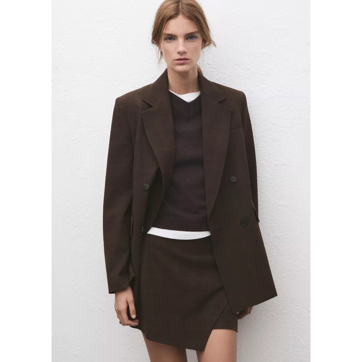 Jupe asymétrique carreaux marron, MANGO