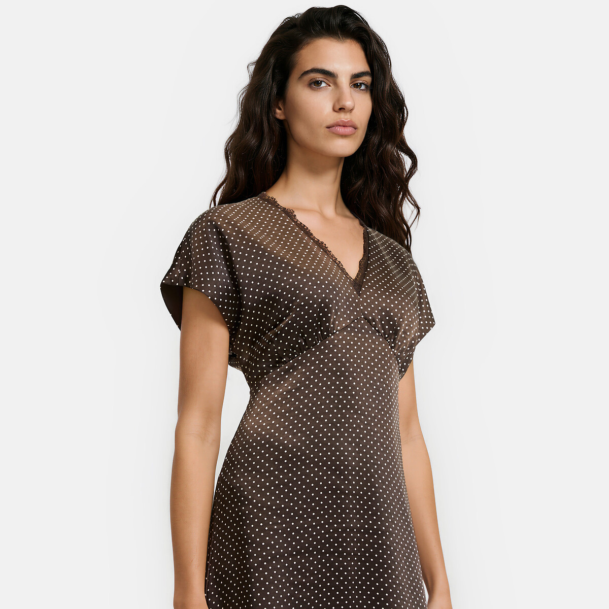 Langes, gepunktetes Satinkleid mit kurzen Ärmeln imprimé pois marron/écru, LA REDOUTE COLLECTIONS