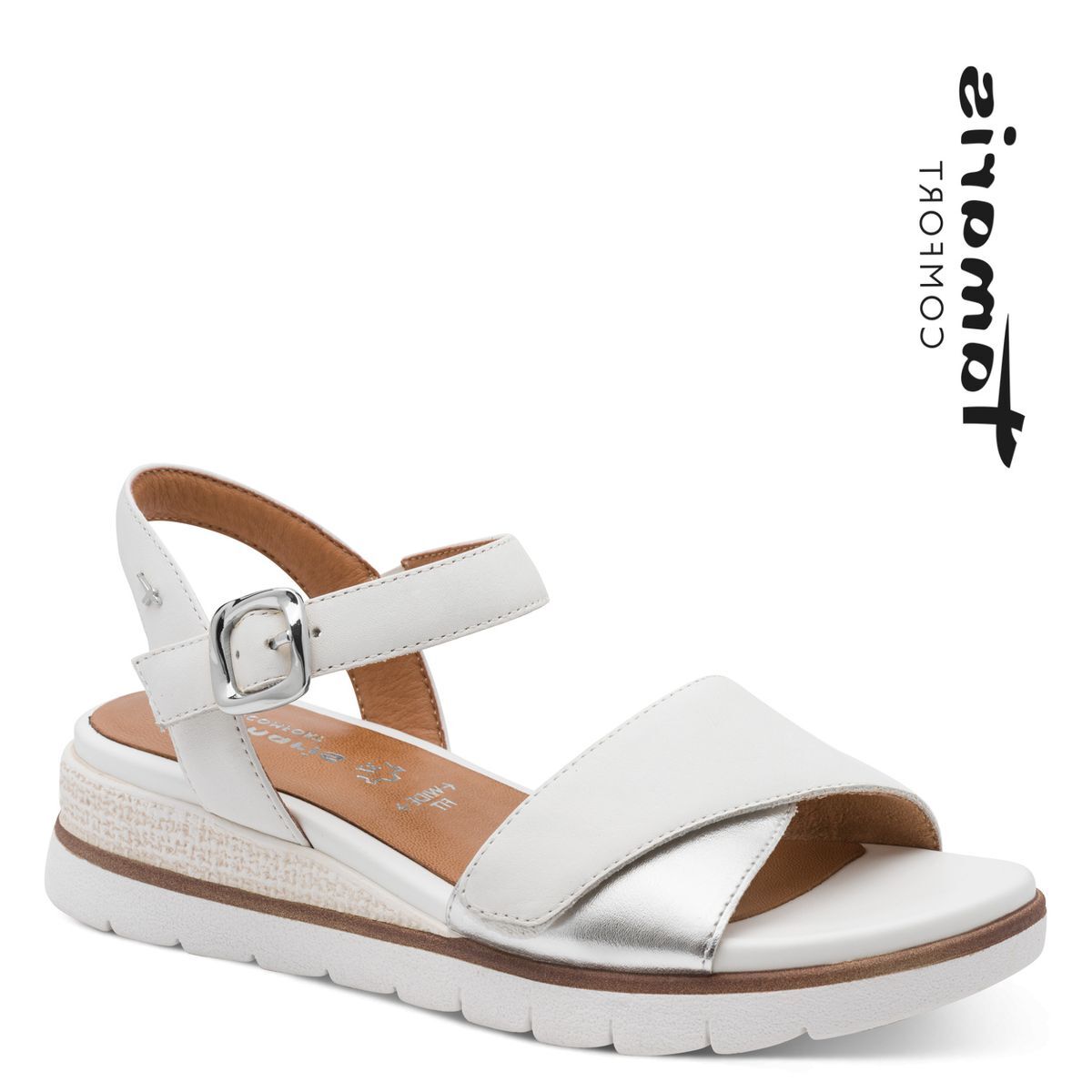 Sandale à talon en cuir blanc argent, TAMARIS