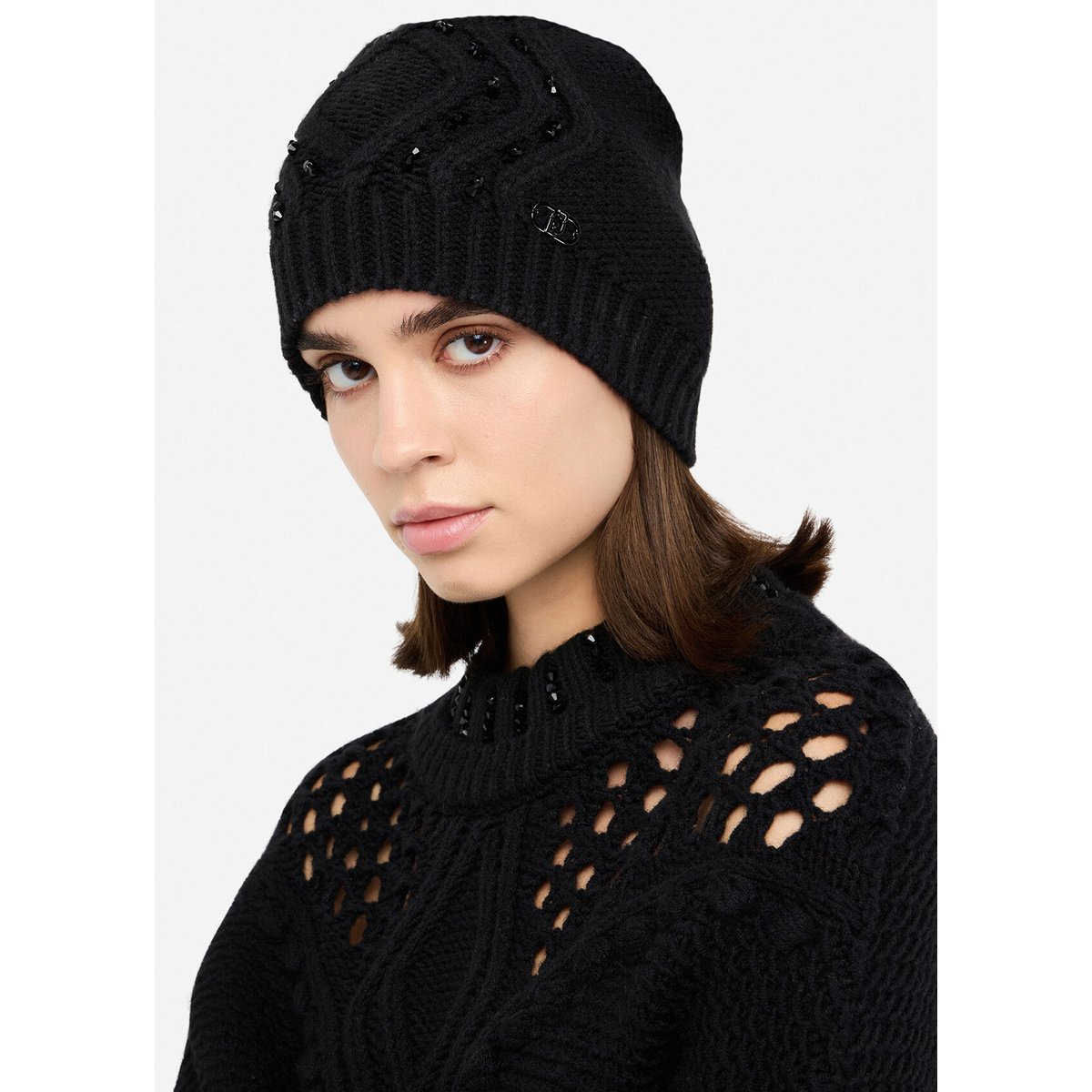 Bonnet en laine mélangée avec perles noir, LIU JO