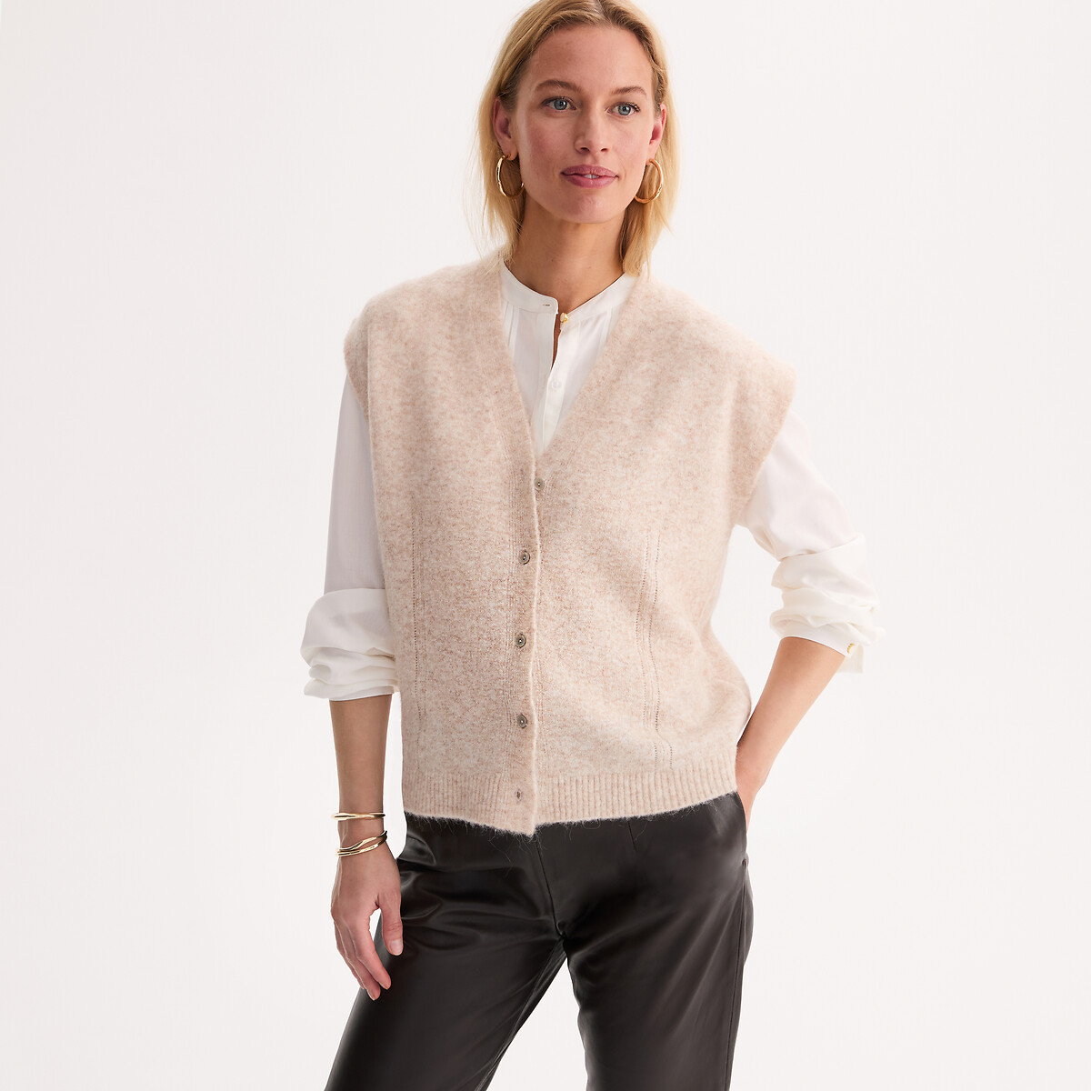 Marl Knit Sleeveless Cardigan light beige marl, ANNE WEYBURN