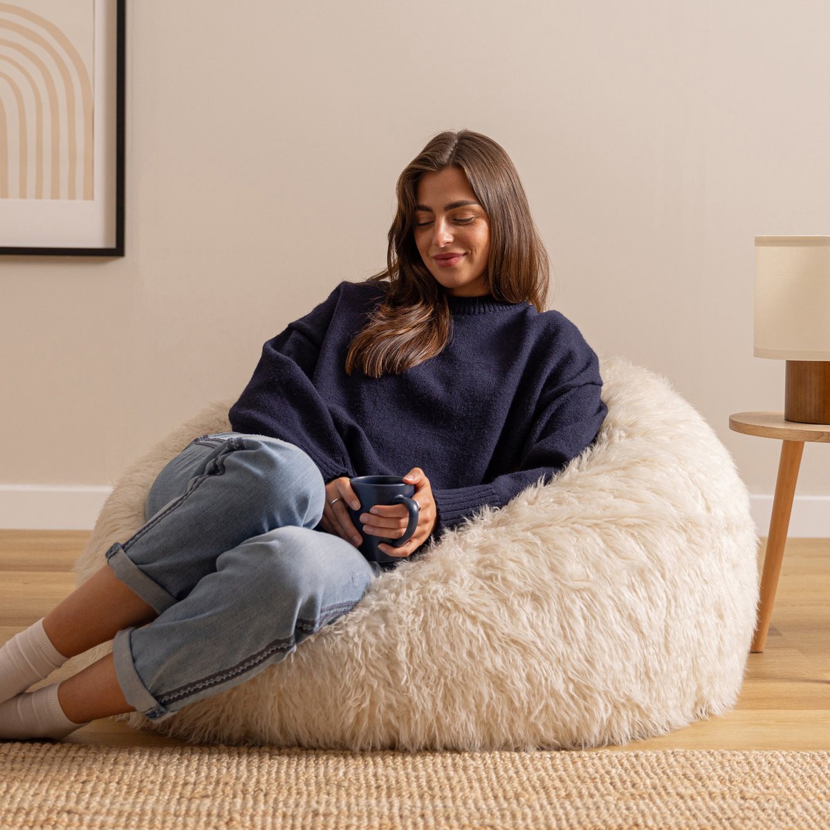 Pouf classique imitation fourrure mongole Oeko-Tex® beige, ICON