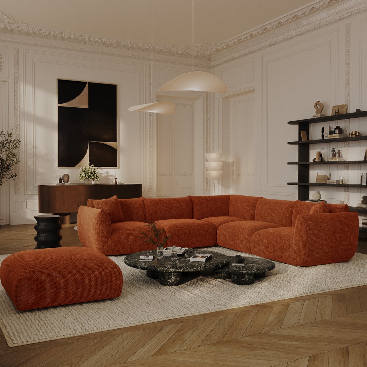Canapé d'angle panoramique modulable 8 places en velours chenillé NOOMA terracotta, SIA HOME