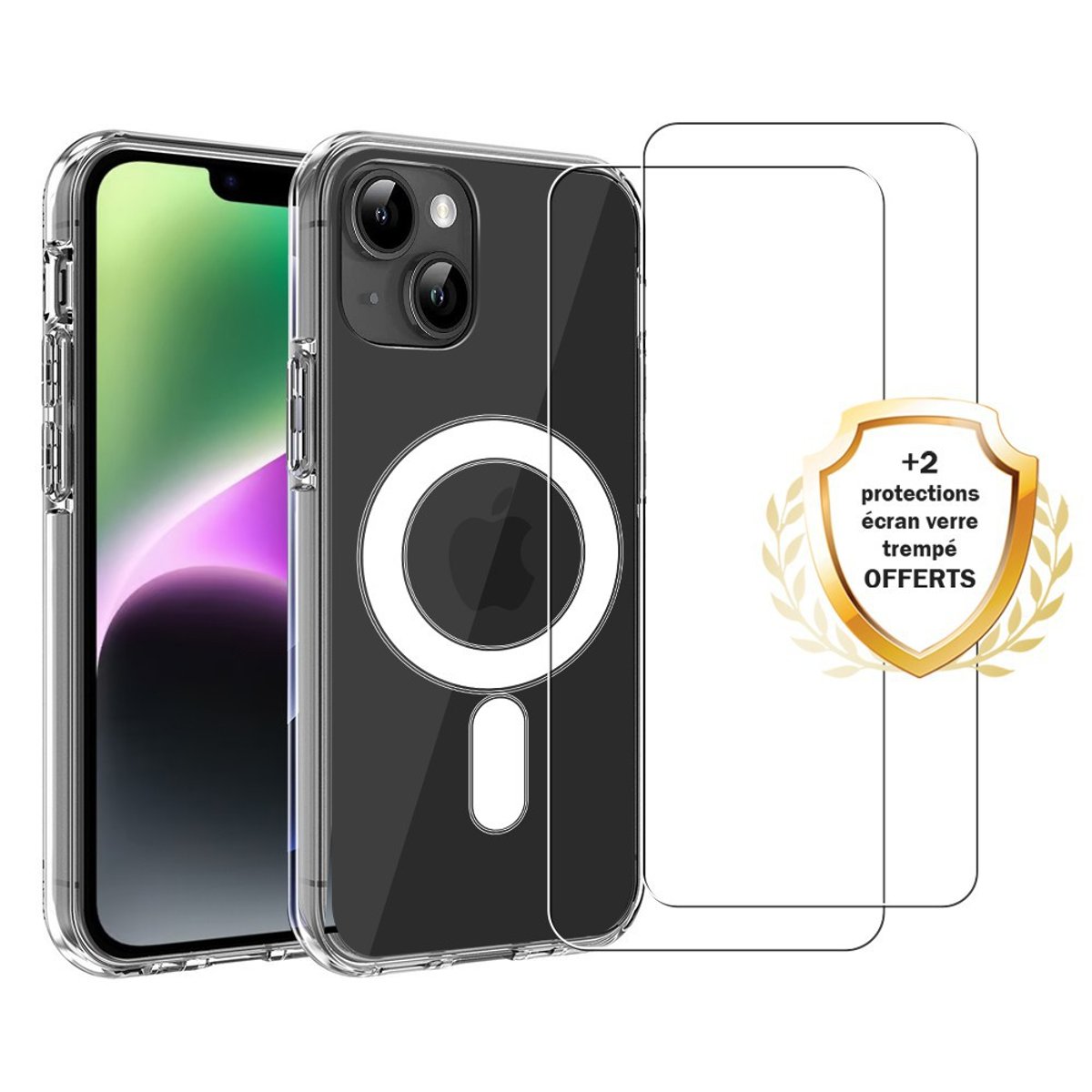 Coque Anti-choc compatible Magsafe pour iPhone 14 Plus Transparente + 2 vitres transparent, EVETANE