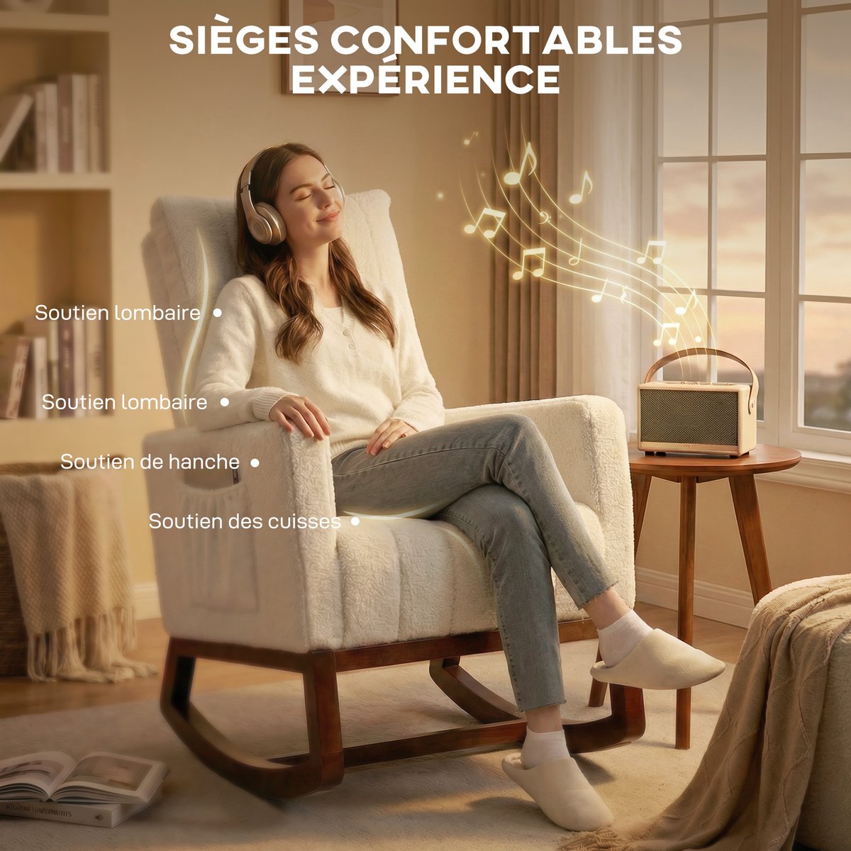 Fauteuil à bascule Flanelle Neige (100% crème, noyer, HOMCOM