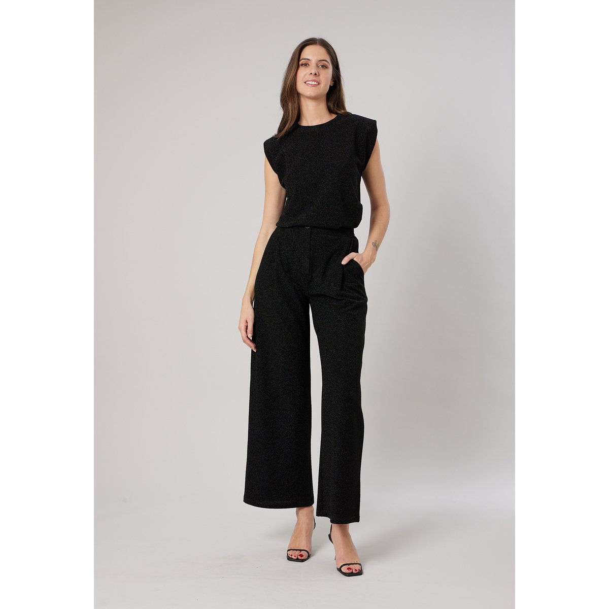 Pantalon large femme en tissu brillant GLORIA black, DEELUXE