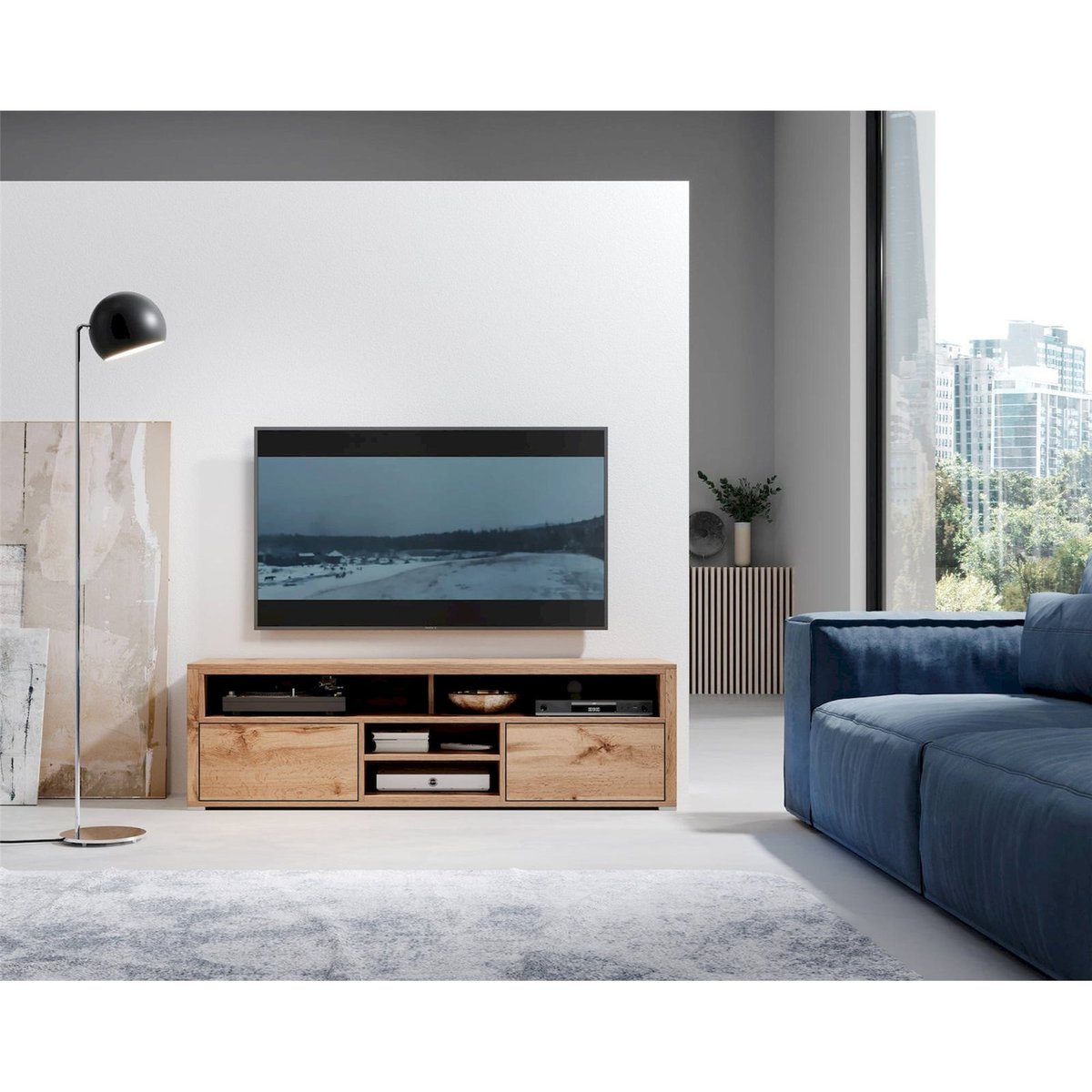 Meuble tv LAKSA en bois avec LED bois clair et noir, RECOLLECTION