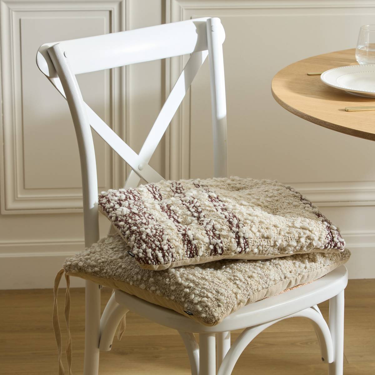 Galette de chaise carrée en coton BERYL beige lin, ATMOSPHERA