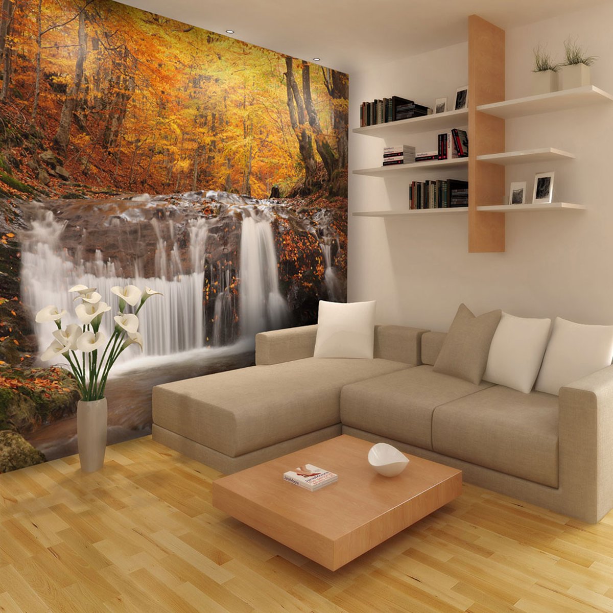 Papier peint intissé panoramique Paysage Autumn landscape : waterfall in forest orange / cuivré, EDEN