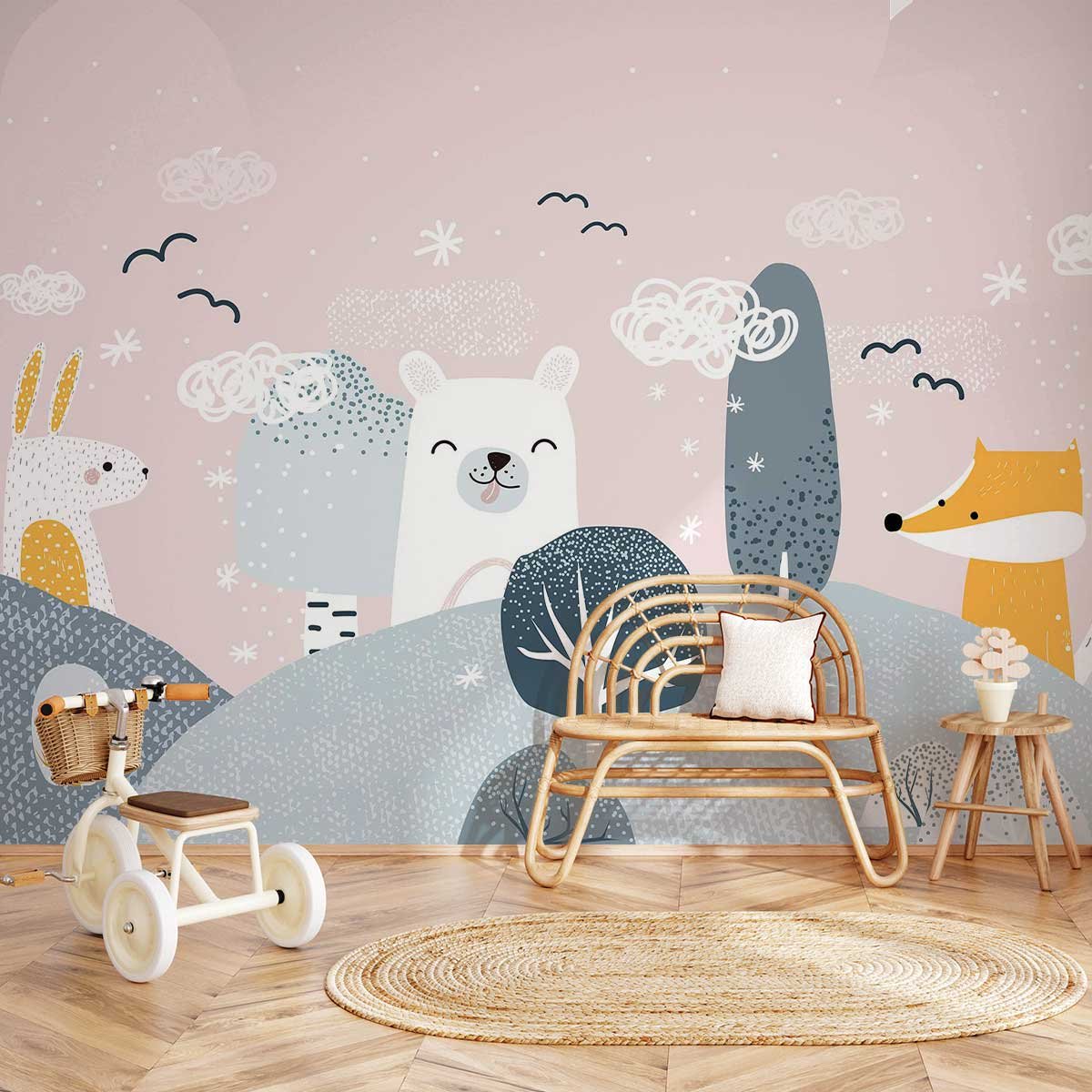 Papier peint enfant forêt douce animaux scandinave pastel multicolore, HEXOA