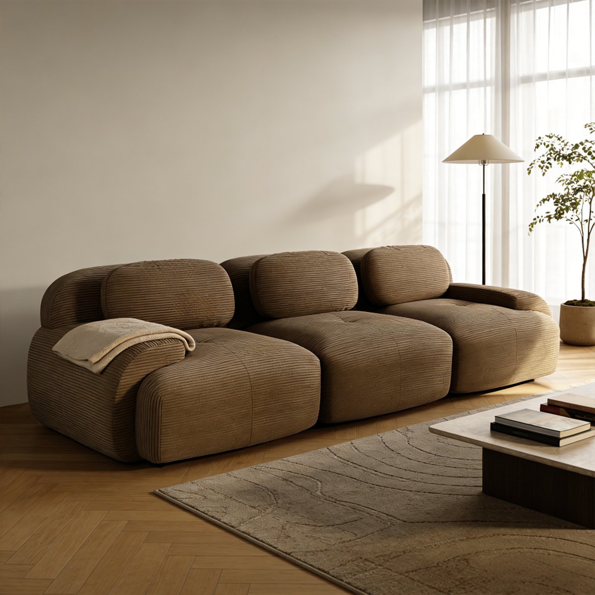 Canapé droit 3 places en velours côtelé design moderne, SNOW marron, MEUBLES COSY