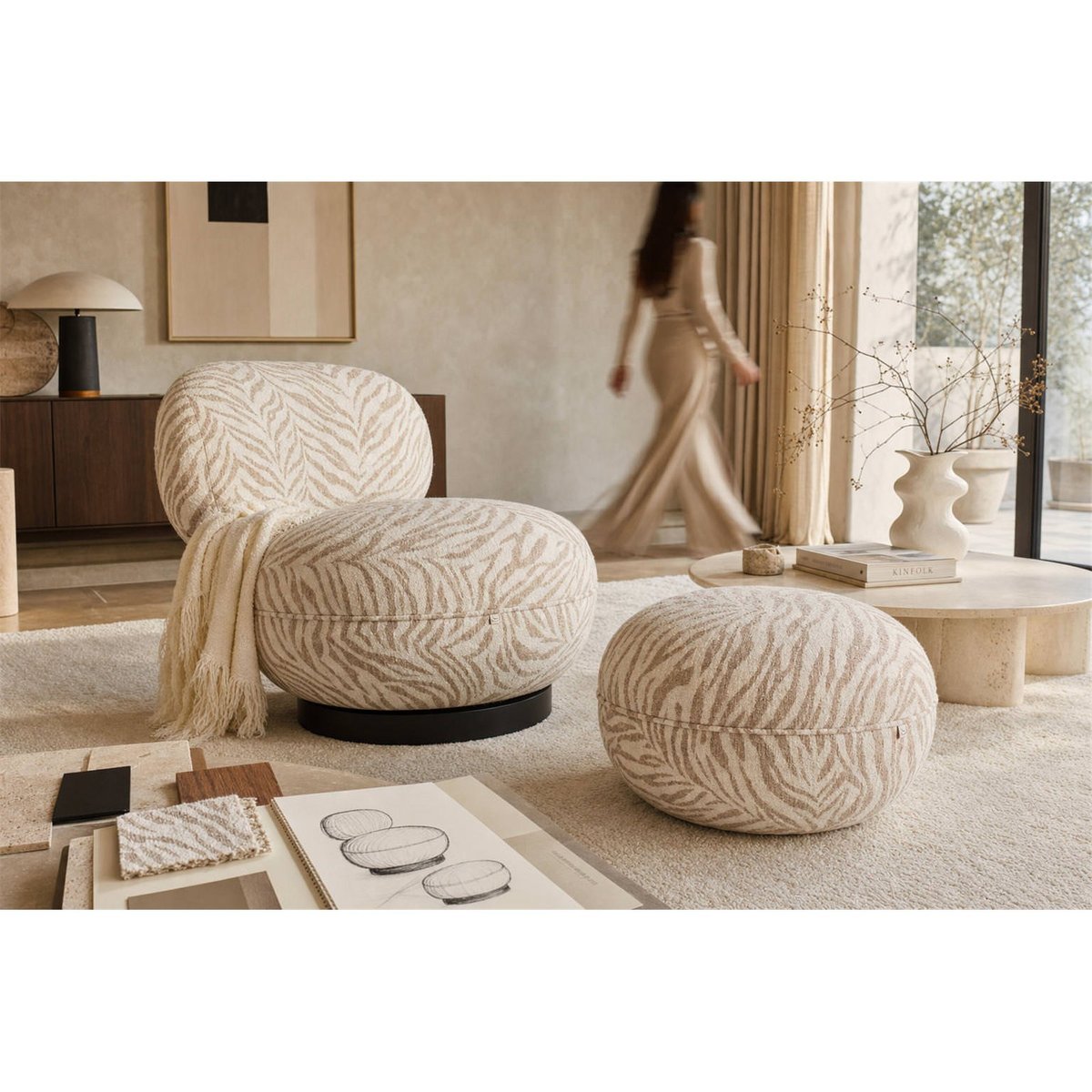 Pouf rond motif tigre beige tigre, RECOLLECTION