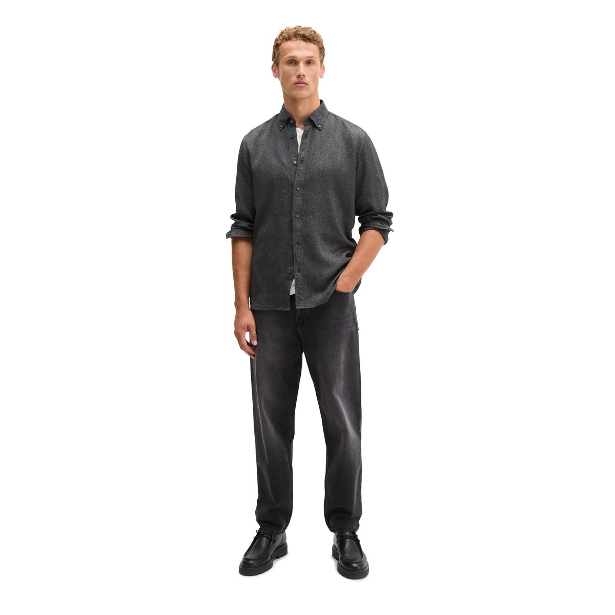 Chemise coupe classique en coton biologique et TENCEL™ Lyocell noir, MARC O'POLO
