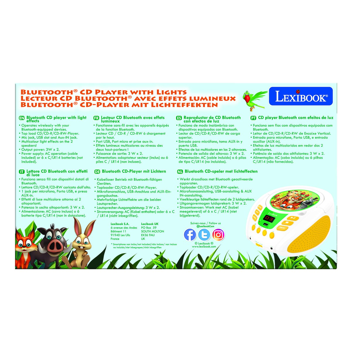 Lecteur CD Bluetooth Animaux blanc, LEXIBOOK