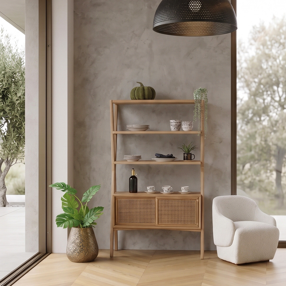 Etagère portes coulissantes style contemporain en chêne et cannage DOROTHY beige, ROBIN DES BOIS