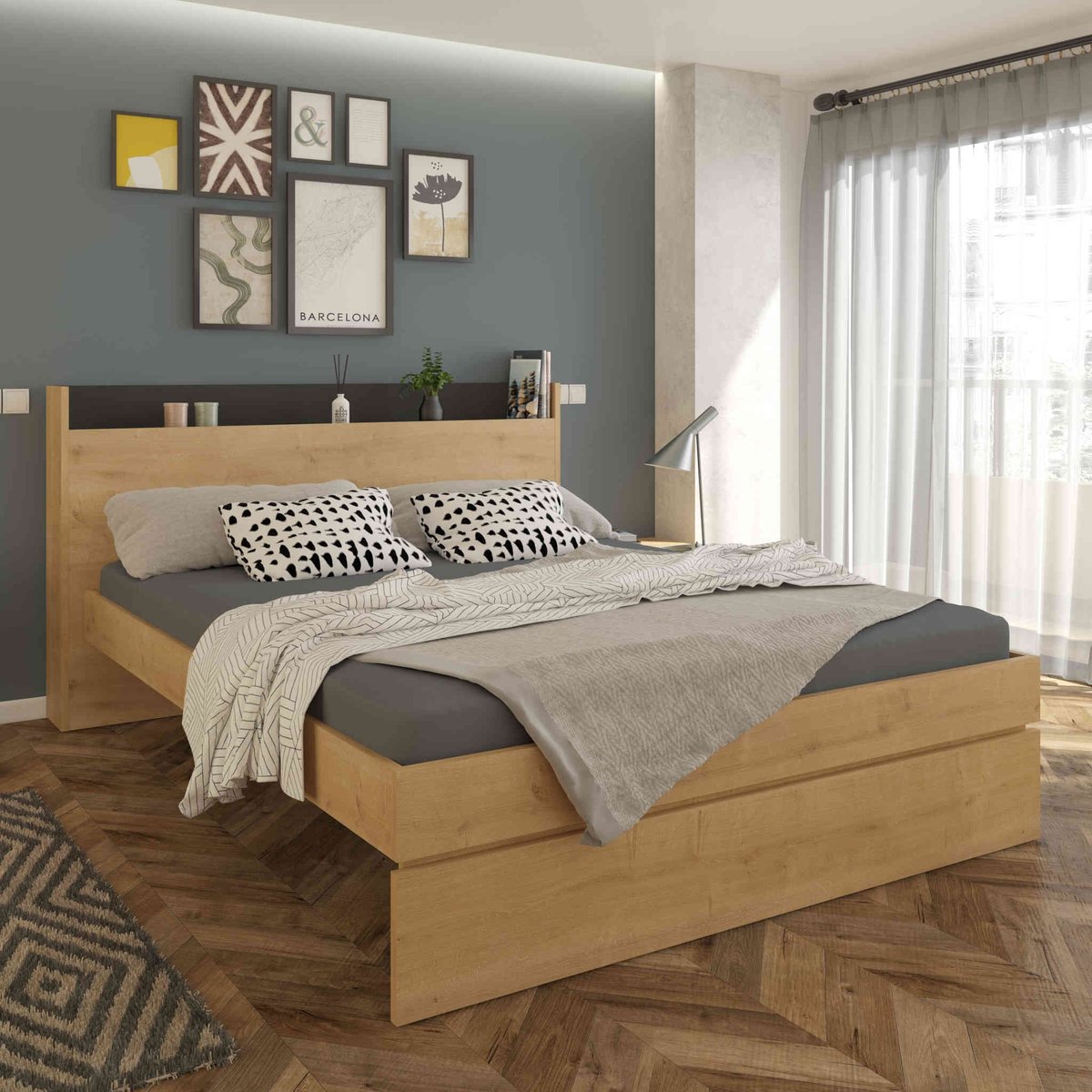 Lit en bois avec tete de lit bois naturel, TERRE DE NUIT