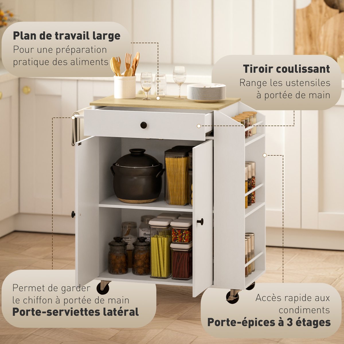 Îlot de cuisine Panneau de particules Blanc blanc, chêne, HOMCOM