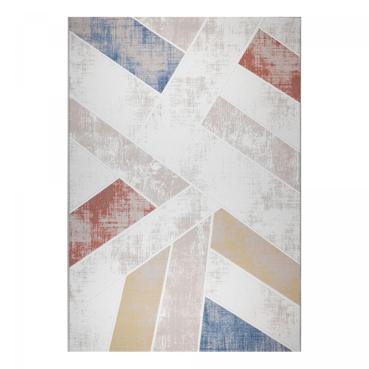 Tapis salon, motif géométrique, LYN55 VEGA multicolore, bleu, crème, UN AMOUR DE TAPIS
