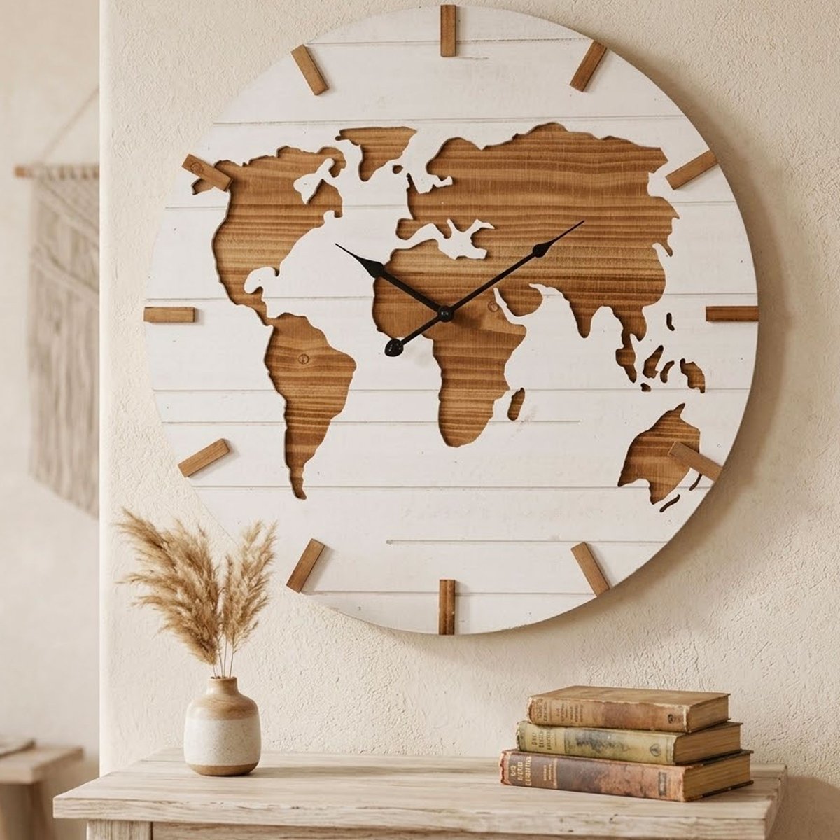 Grande horloge murale en bois monde 60x60x4cm blanc, WADIGA